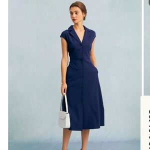 RIHOAS Elegant Navy Blue Button-Down  Sleeveless Dress  S